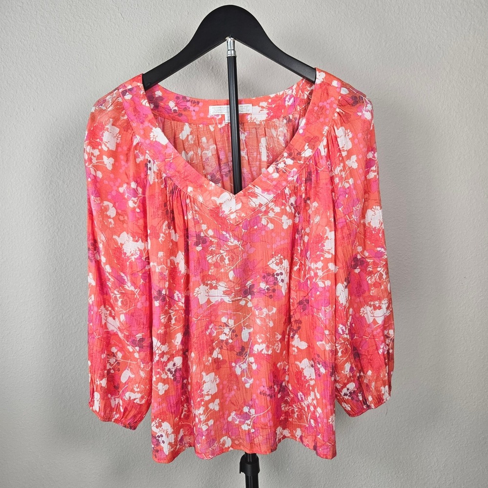 Juniper + Lime Blouse Womens M Coral Pink Floral V-Neck Boho Cottagecore